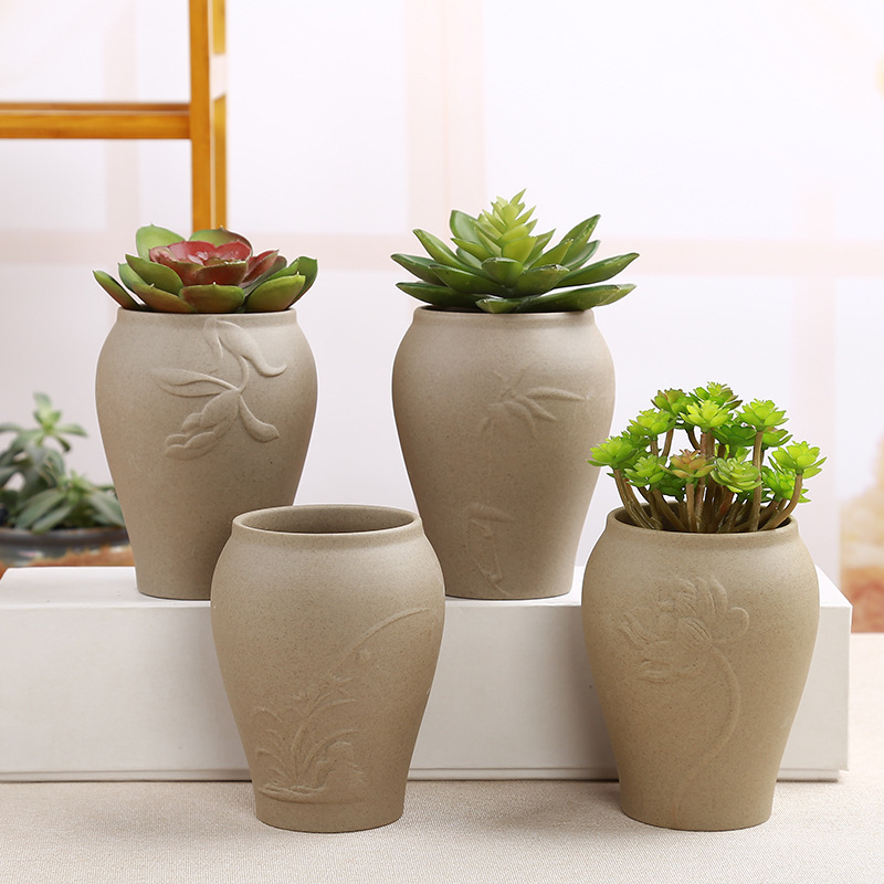 Ceramic Succulent Master's Old Stump Flower Pot, Unglazed Coarse Pottery Pot, Hand-Painted Succulent Plant Pot, Bonsai Green Plant