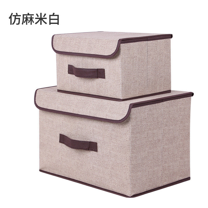 Juego de cajas de almacenamiento de tela no tejida imitación lino, cajas de almacenamiento impresas en varios tamaños, cajas de almacenamiento de tela plegables portátiles al por mayor.