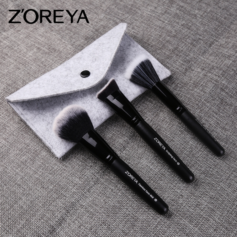 Zhuolya maquillaje herramientas nuevo 3 maquillaje cepillo conjunto negro Mango de madera fibra artificial maquillaje cepillo conjunto