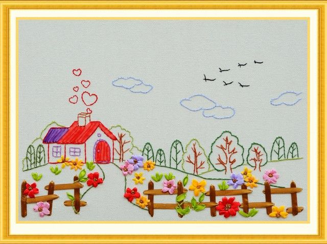 Oujin cinta bordado hecho a mano material de bricolaje Paquete de diversión para niños ciudad natal simple fácil bordado algodón impresión lavable