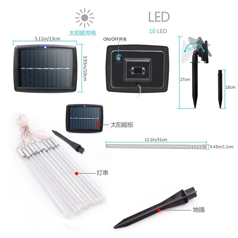 Solar meteoro luz cadena grande 10 LED meteoro impermeable al aire libre Festival de Navidad Festival de Primavera de color decorativo Cadena de luz