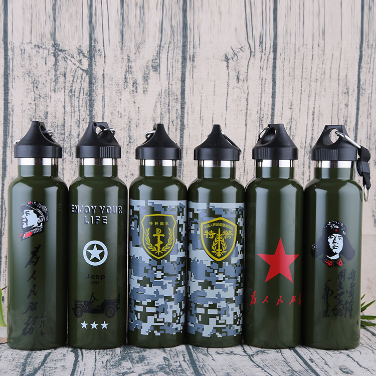 Large Military Training Camouflage Water Bottle Outdoor Sports Insulated Cup Stainless Steel Vacuum Expandable Water Jug Compass Portable Cup