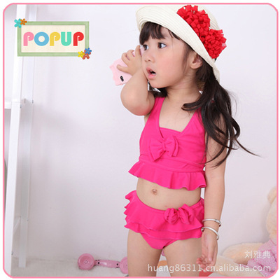 小孩女童泳装批发 贝壳梅红抹胸蝴蝶结套装 夏款纯色儿童分体泳衣|ru