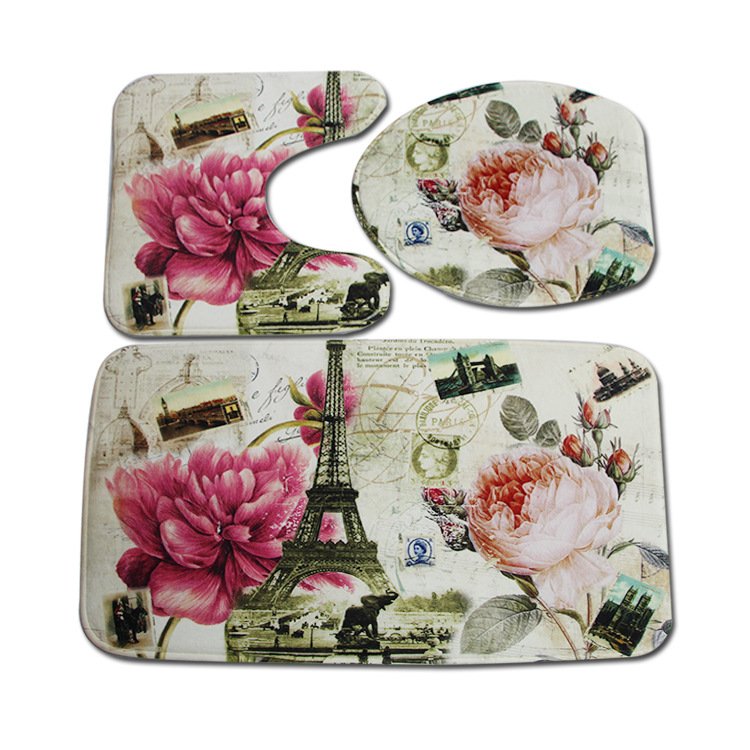 Cross-Border Popular Heat Transfer Flannel Printed Toilet Three-Piece Carpet Set Bathroom Water-Absorbent Non-Slip Floor Mat Wholesale