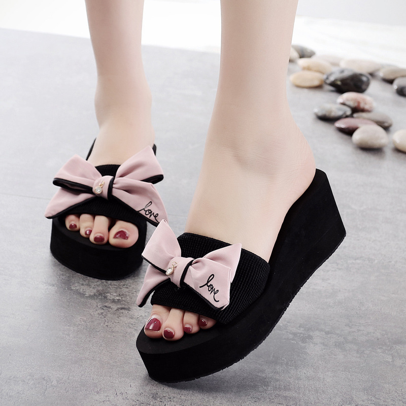 Shanjiao 6cm high-heeled one-line handmade bow non-slip seaside holiday travel fashion women's beach shoes Shanjiao 6cm high-heeled one-line handmade bow non-slip seaside holiday travel fashion women's beach shoes