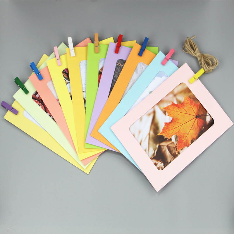 3.5. 6.7inch Color Card Pearlescent Paper Photo Frame Photo Wall Creative Hanging Paper Photo Frame with Clip Hemp Rope