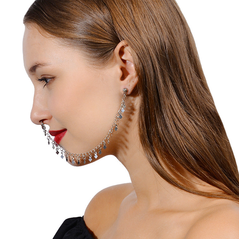 Pendientes de estilo punk con gancho para la nariz, personalizados y creativos, estilo europeo y americano, con borlas geométricas en forma de rombo y cadena, para mujer.