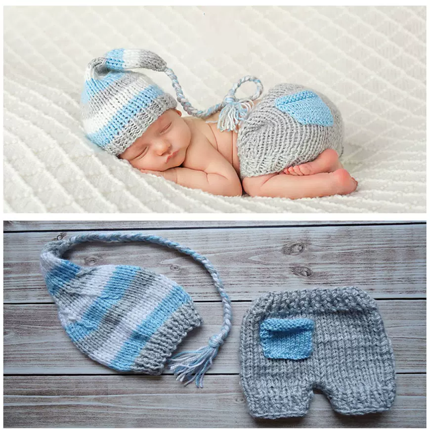 奶棉棒针婴儿童套装新生儿摄影服手工编织长尾帽和可爱的裤子新款