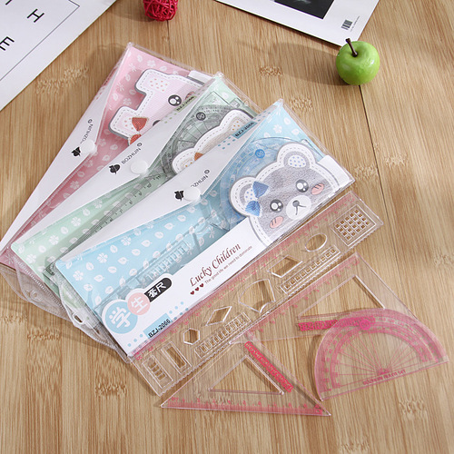 Simple transparent ruler set, student four-piece ruler set, learning stationery supplies, student ruler set set
