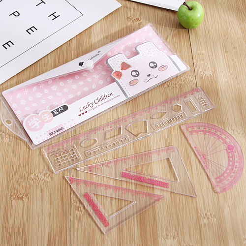 Simple transparent ruler set, student four-piece ruler set, learning stationery supplies, student ruler set set
