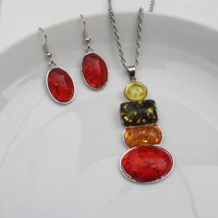 Fashionable amber earrings, necklace, chain, retro set, European style