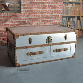 复古茶几LOFT工业风家具铝皮铆钉双抽咖啡茶几酒吧会所KTV收纳柜