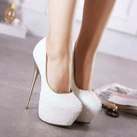 单鞋女款2026欧美防水台时尚浅口亮片外贸41-45女细跟大码高跟鞋