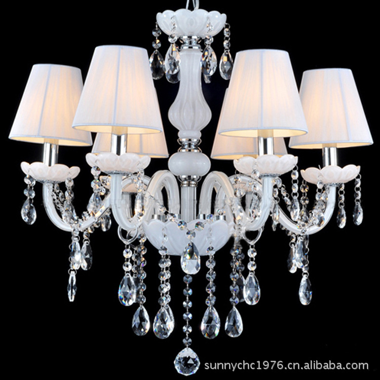 Lámpara de vela de jade blanco de 6 cabezas con tapa araña de cristal blanco con cubierta adecuada para lámpara de sala de estar dormitorio comedor boda vino