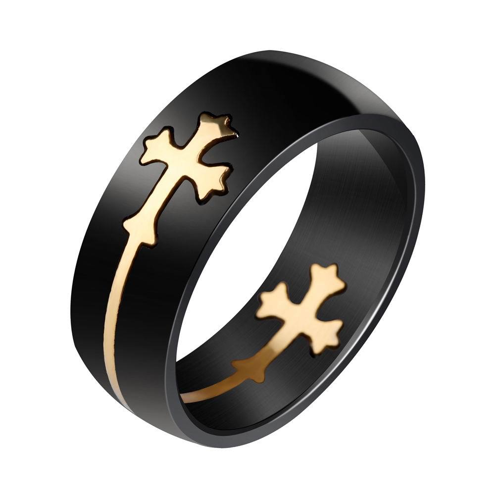 Black Titanium Steel Cross Ring with Gold Finish