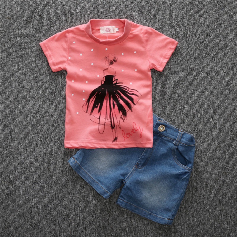 2026 Summer Girls' Outfit Set for Young Children, Casual Short-Sleeve T-Shirt and Denim Shorts Two-Piece Children's Clothing, One-Piece Wholesale