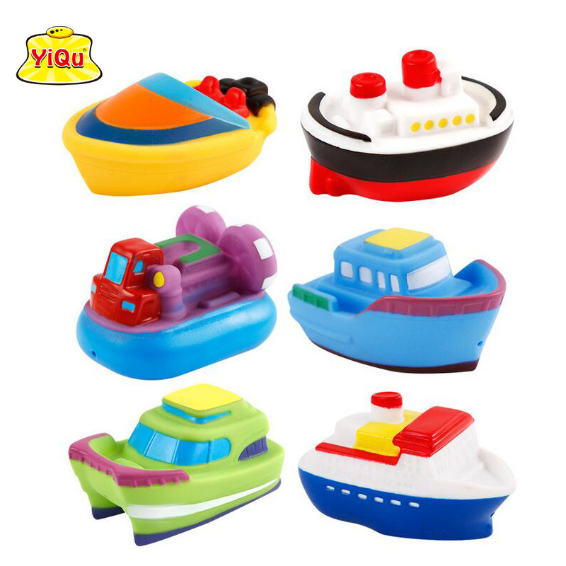 搪胶游泳洗澡吸水喷射戏水儿童卡通造型轮船6六只装浴室小船玩具