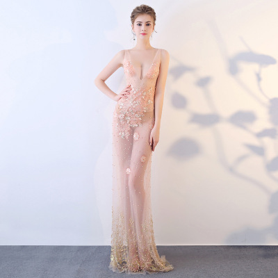G925/性感透视装礼服晚装蕾丝手工修身深V领镂空长款车展|ms