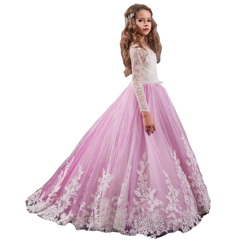 Mother & Kids Girls' Lace Wedding Dress With Long Sleeves And Short Train Style Tutu Skirt For Flower Girls【Pre-sale | Ships In 15 Days】_voghion.com