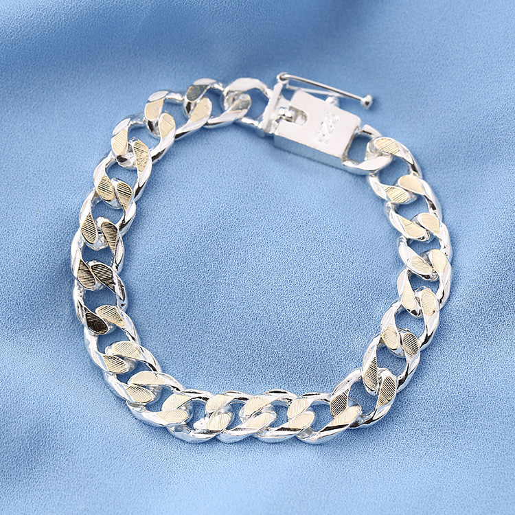 European and American fashion exquisite jewelry factory price wholesale silver jewelry personality men's two-color side square buckle bracelet