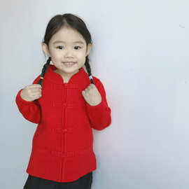 童装唐装新年装兔绒针织衫中国风男女中小童红色毛衣亲子装现货