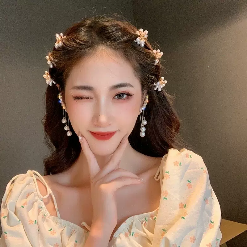 韩国网红小巧花朵抓夹刘海夹子新款百搭头饰发夹侧边精致珍珠发卡