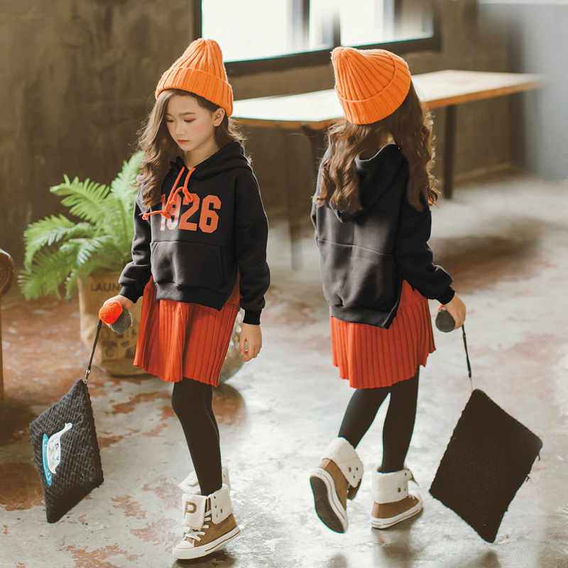 Estilo coreano 2023 Invierno Nuevas niñas suéter forrado de lana vestido de costura vestido de princesa de las niñas