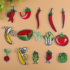 Embroidered fruit and vegetable patches for clothing decoration, with designs including apples, pears, watermelons, tomatoes, and bell peppers. The patches are hand-stitched and can be used to add a unique touch to garments.