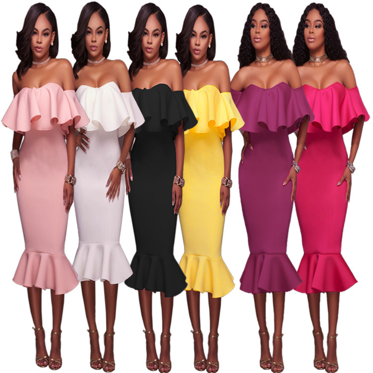 Cross-Border E-Commerce Wish Amazon European and American Plus Size Women's Hot-Selling Ruffled Sexy One-Shoulder Autumn Dress