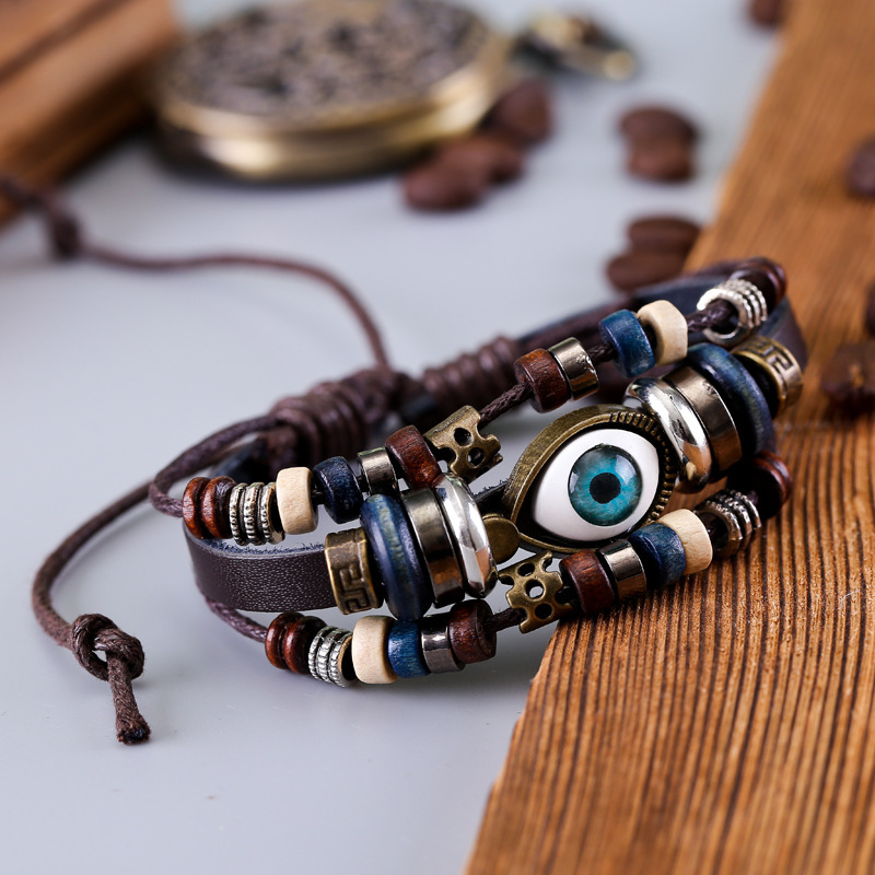 Factory direct supply handmade couple retro bracelet crafts jewelry multi-layer leather eyes woven jewelry wholesale