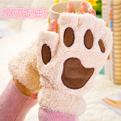 Autumn and winter women's warm cat paw gloves, cute girls' fingerless thickened warm bear paw plush half finger gloves with rope