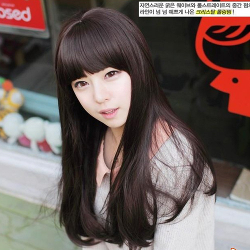 Air bangs girl straight bangs long curly hair long ponytail long straight hair fluffy real girl wig direct sale