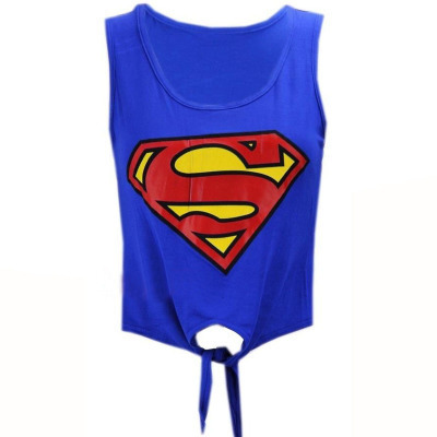 European and American New Summer Printed Superman T-shirt Women's Bat Strap Knot Foreign Trade Wholesale Sleeveless Round Neck Top