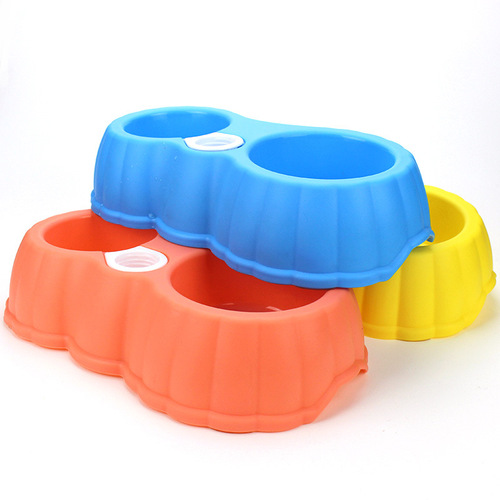 Manufacturer wholesale plastic pumpkin-shaped pet bowl, dog bowl, automatic feeding and drinking fountain, double bowl, cat bowl, food bowl supplies