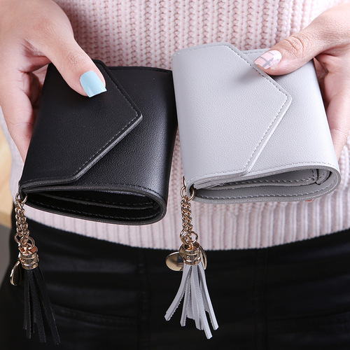 New Thin Small Tri-fold Women's Wallet Tassel Pendant Litchi Pattern Wallet Card Holder Coin Purse Women's Short Wallet