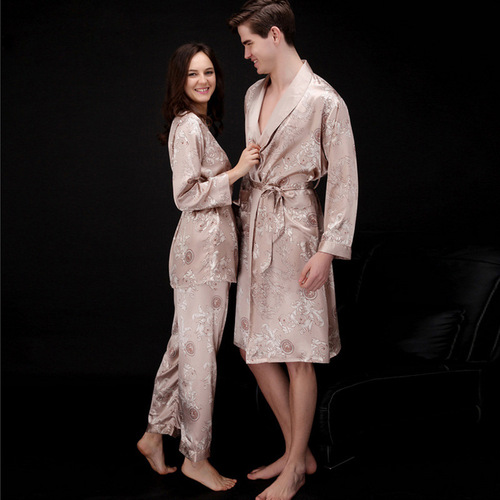 Yaoting Silk Ice Silk Couple Pajamas Women's Summer Three-piece Suit Long Sleeve Men's Nightgown Bathrobe Home Clothes