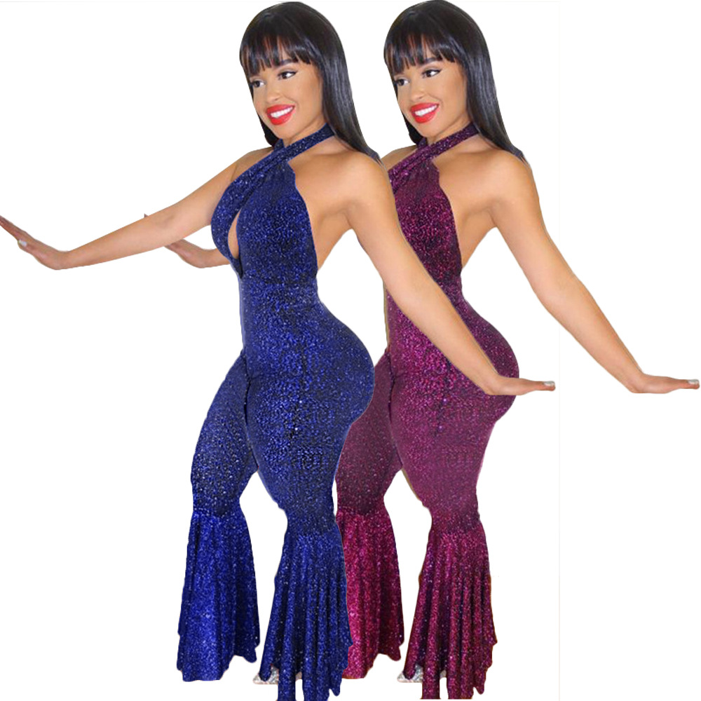 LD8019 Independent Station Amazon ebay Europe and America Sexy Solid Color Backless Neck Jumpsuit