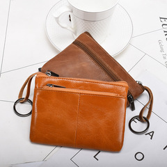New trendy leather men's minimalist zippered purse women's crossbody wallet retro short leather card holder cross-border