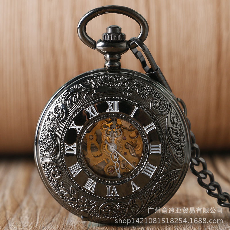 Hot Sale Large Black Classic Roman Double Display Pocket Watch Automatic Mechanical Pocket Watch Men's and Women's Gift Watch
