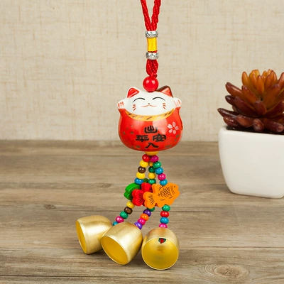 Car pendant accessories go in and out safe bell cat car accessories interior rearview mirror decoration wind chime lucky cat ceramic (Car hanging) - bell-ceramic-cat-red