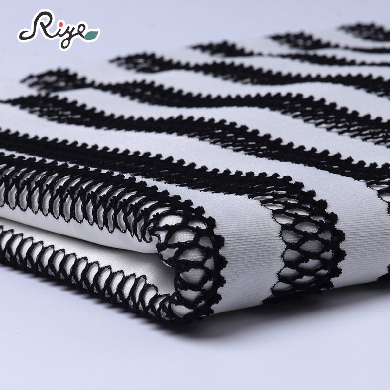 黑白条纹镂空单面提花布黑色镂空网格服装面料