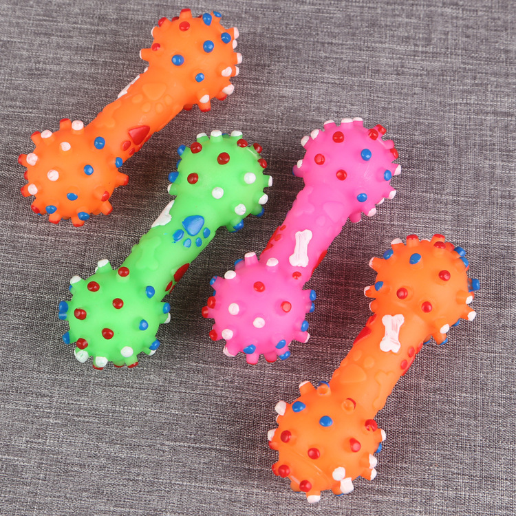 Amazon popular mascota vinilo juguete pequeña espina mancuerna mascota sonido juguete perro juguete en stock al por mayor