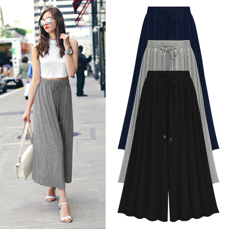 Summer High Waist Wide-leg Pants Women's Cropped Pants chubby girl Slim Look Wide-leg Pants European and American plus size Loose Thin Wide-leg Pants