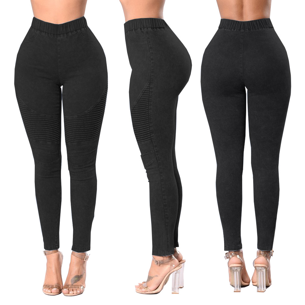 Los pantalones vaqueros de mujer de cintura alta arrugados transfronterizos de Amazon desean pantalones de levantamiento de cadera de ajuste Delgado multicolor