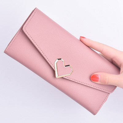 New women's wallet long heart-shaped buckle tri-fold coin purse PU leather card holder small fresh soft wallet hot sale