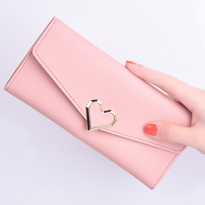 New women's wallet long heart-shaped buckle tri-fold coin purse PU leather card holder small fresh soft wallet hot sale