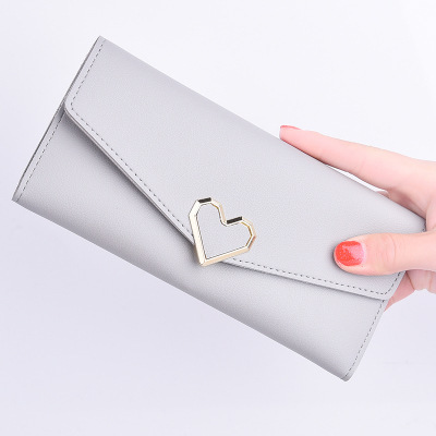 New women's wallet long heart-shaped buckle tri-fold coin purse PU leather card holder small fresh soft wallet hot sale