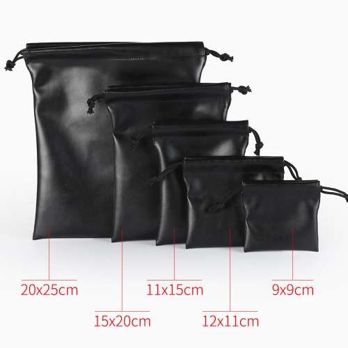 Black High-Grade Waterproof Soft PU Leather Phone Bag with Drawstring Earphone Accessory Bag, Coin Data Cable Mobile Power Bank Bag