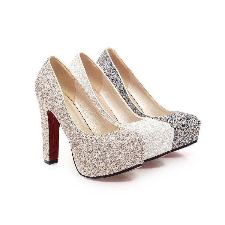 2016 Shoes Chunky Heel High Heel Wedding Shoes White Sequins Bridal Shoes Nightclub Princess Bridesmaid Shoes Shallow Mouth Wedding Shoes