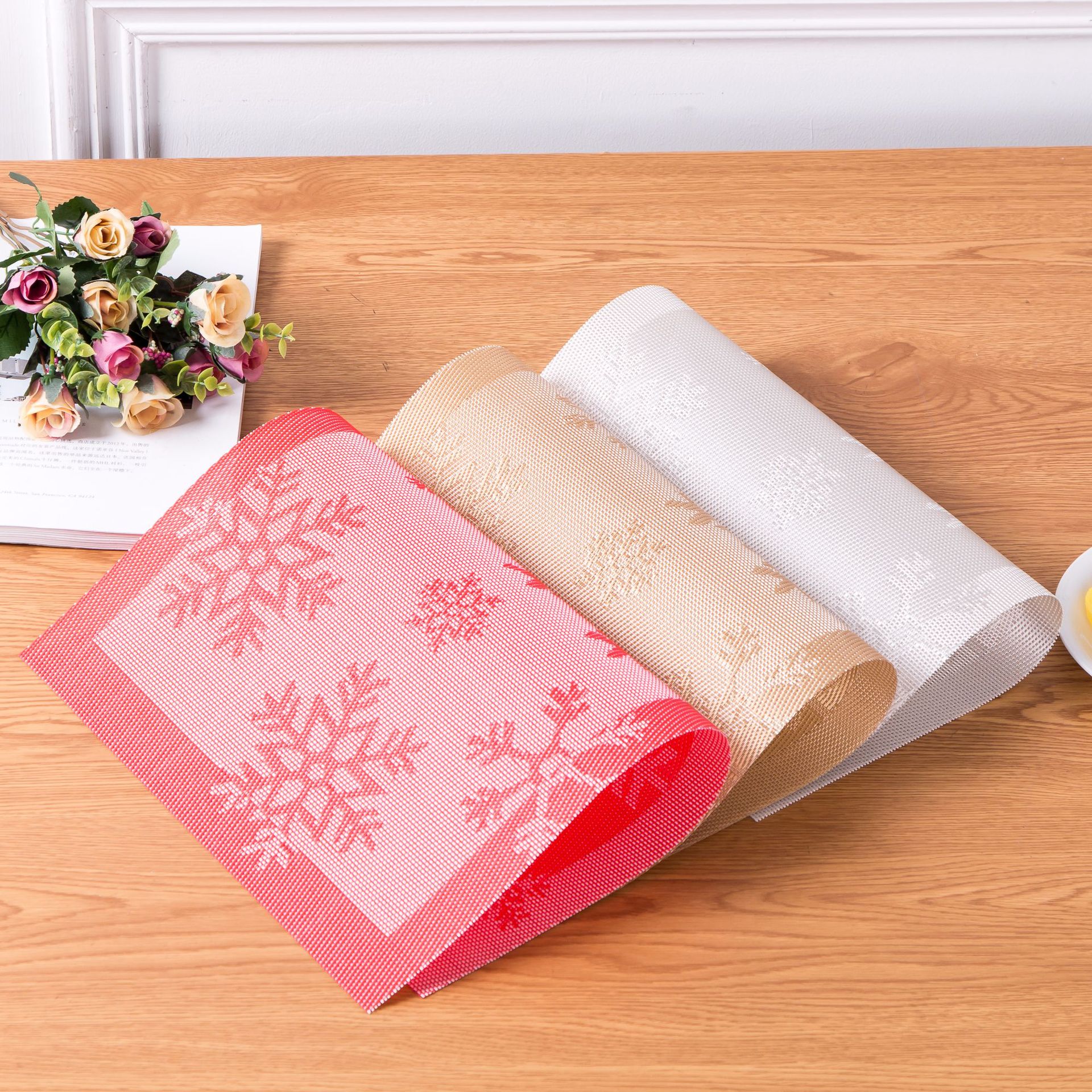 多色圣诞雪花长方形桌垫PVC欧式隔热餐桌垫西餐具防滑布垫现货